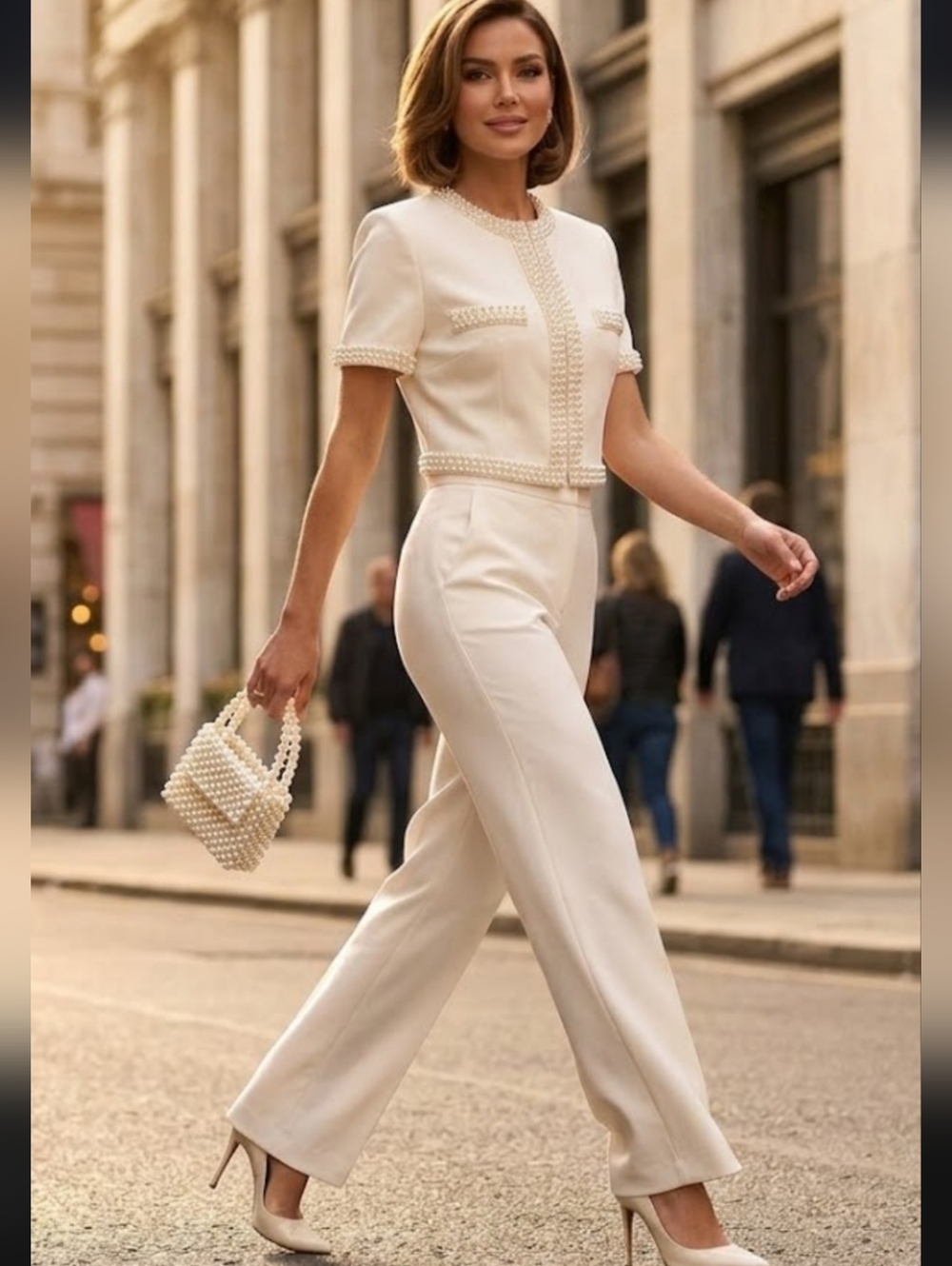 Elegant Cream Short-Sleeve with Pearl Trim Blazer